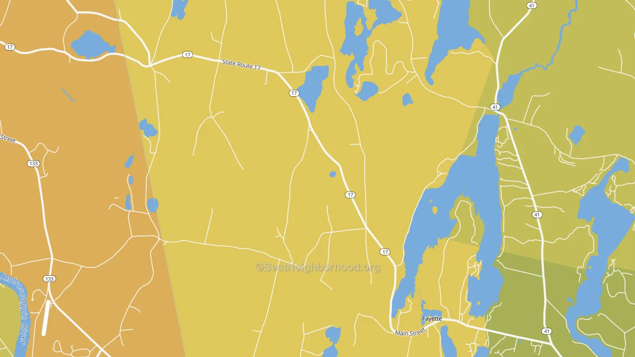 Map of the best neighborhoods in the 04349 area, with better matches in green and worse matches in red