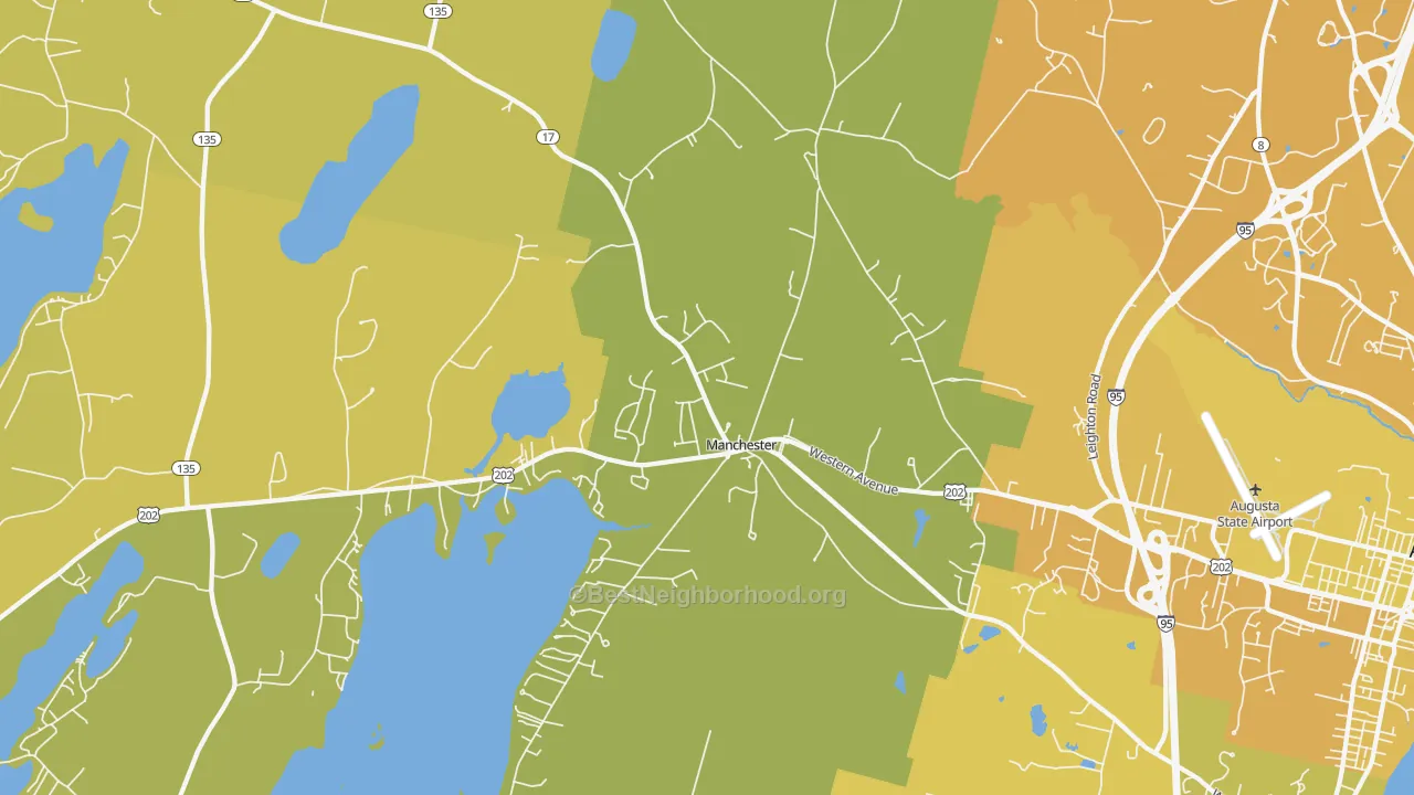 Map of the best neighborhoods in the 04351 area, with better matches in green and worse matches in red