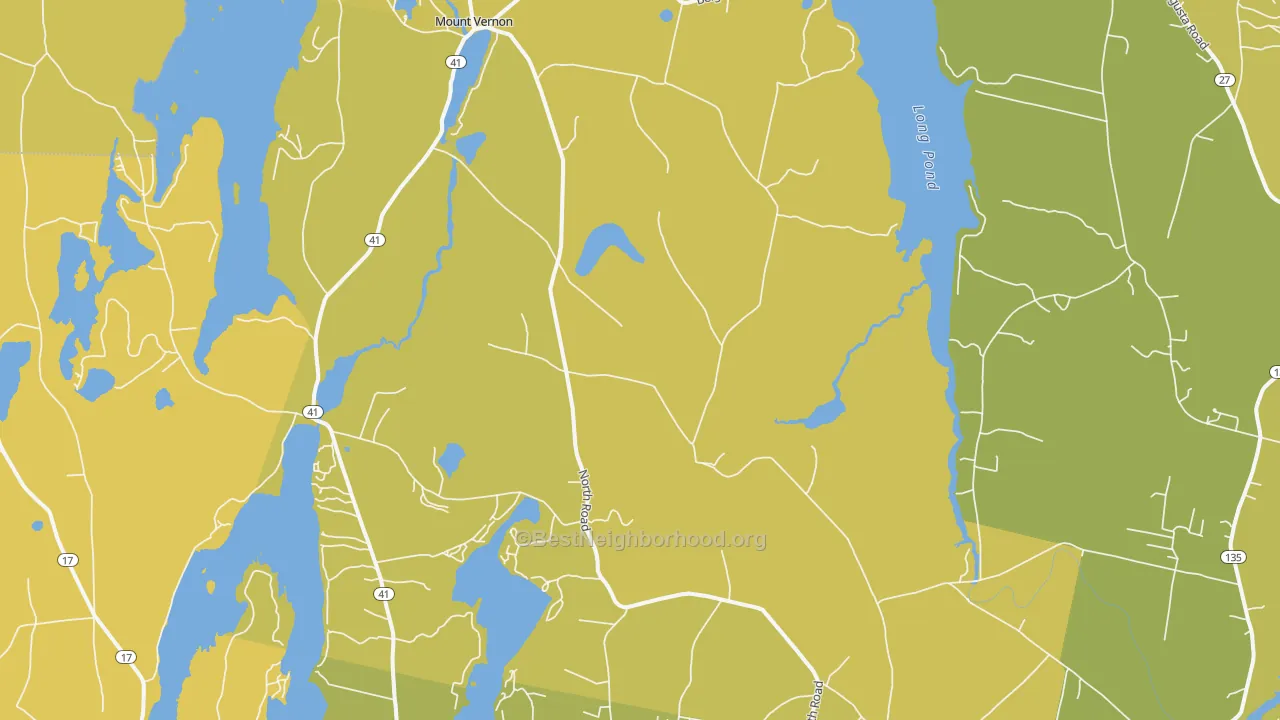 Map of the best neighborhoods in the 04352 area, with better matches in green and worse matches in red