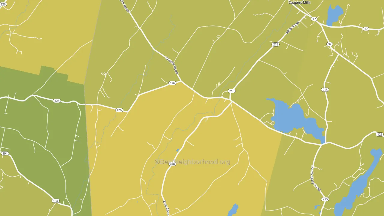 Map of the best neighborhoods in the 04353 area, with better matches in green and worse matches in red