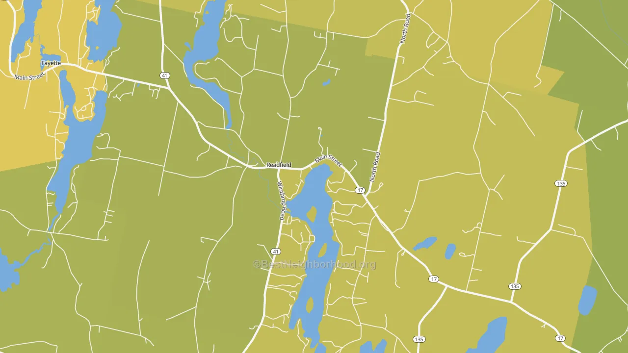 Map of the best neighborhoods in the 04355 area, with better matches in green and worse matches in red