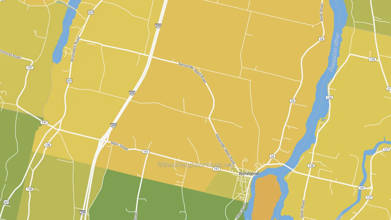 Map of the best neighborhoods in the 04357 area, with better matches in green and worse matches in red