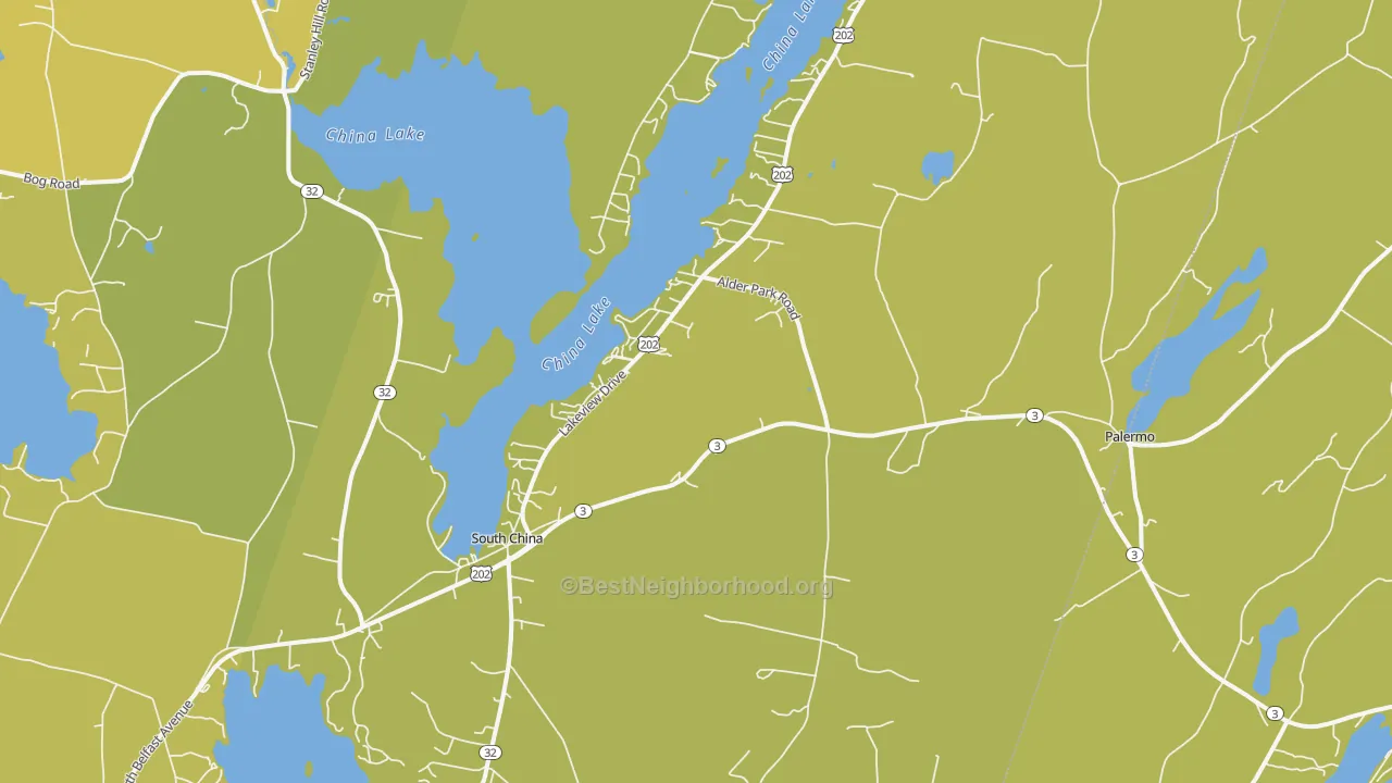 Map of the best neighborhoods in the 04358 area, with better matches in green and worse matches in red
