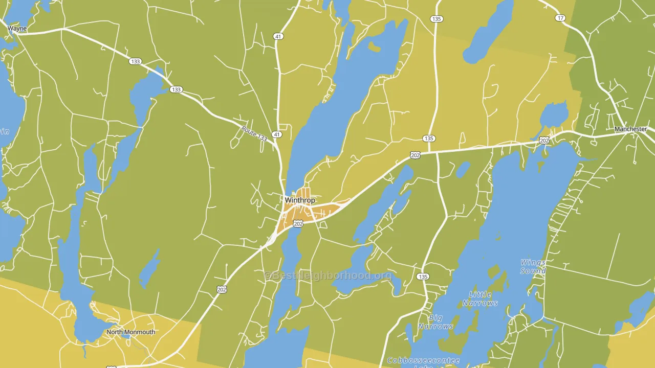 Map of the best neighborhoods in the 04364 area, with better matches in green and worse matches in red