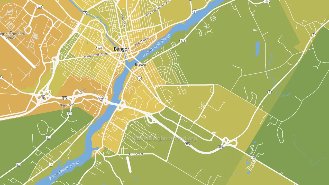 Map of the best neighborhoods in the 04412 area, with better matches in green and worse matches in red