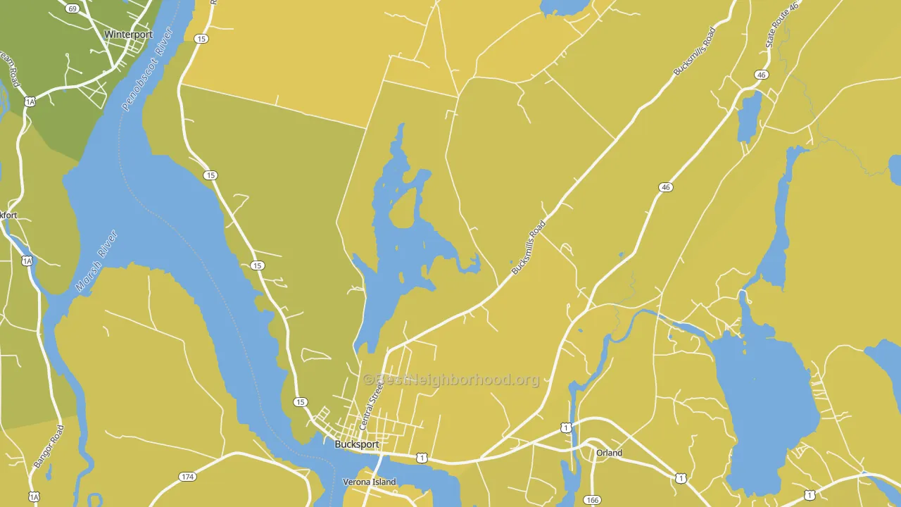 Map of the best neighborhoods in the 04416 area, with better matches in green and worse matches in red