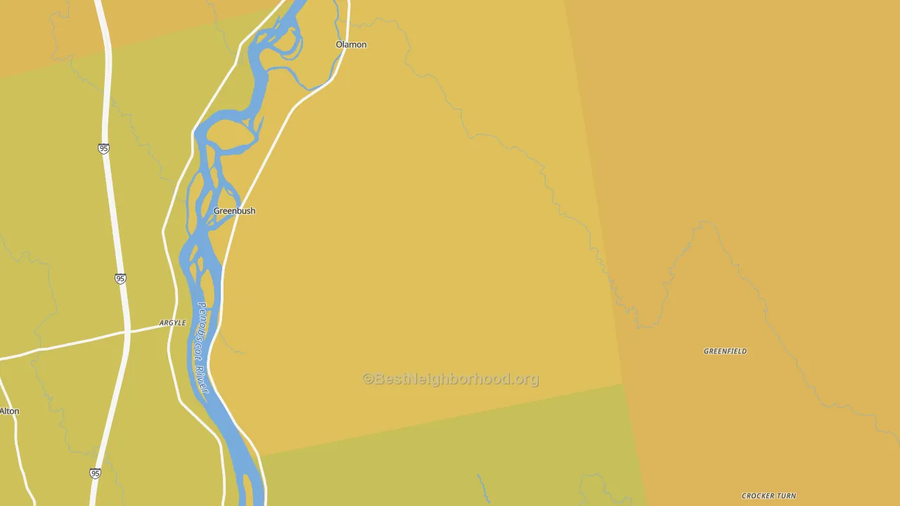 Map of the best neighborhoods in the 04418 area, with better matches in green and worse matches in red