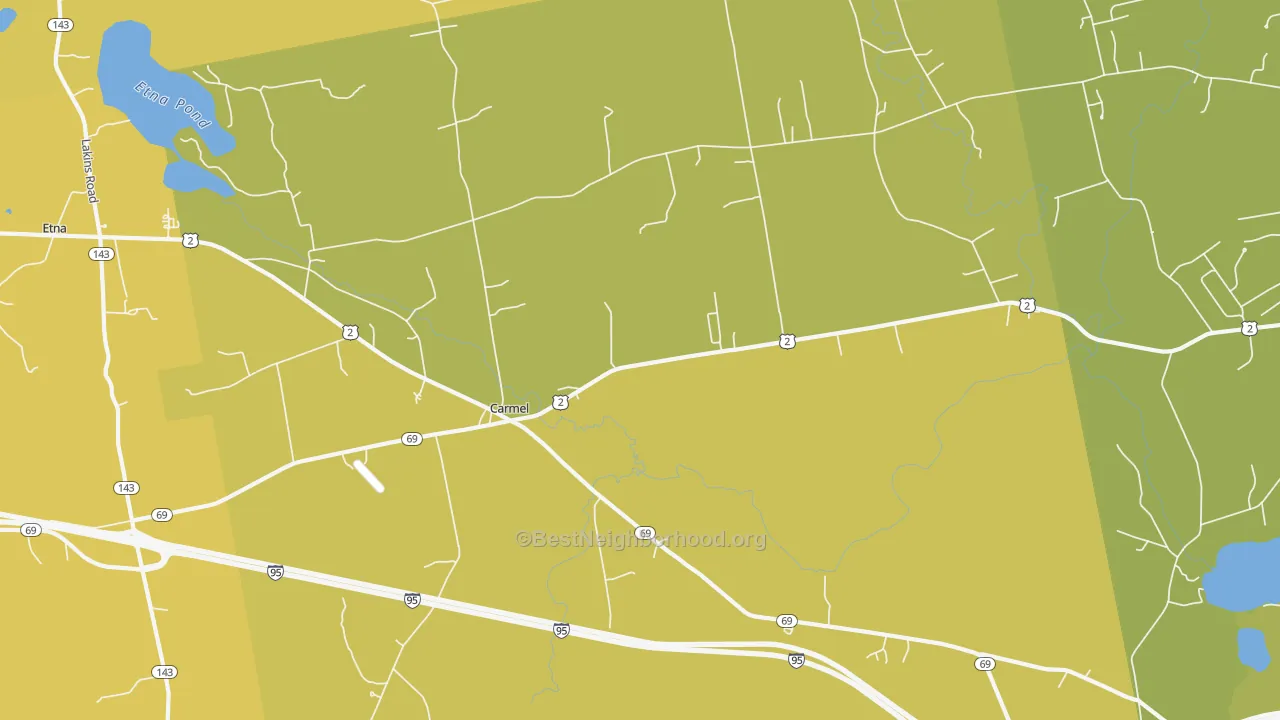 Map of the best neighborhoods in the 04419 area, with better matches in green and worse matches in red