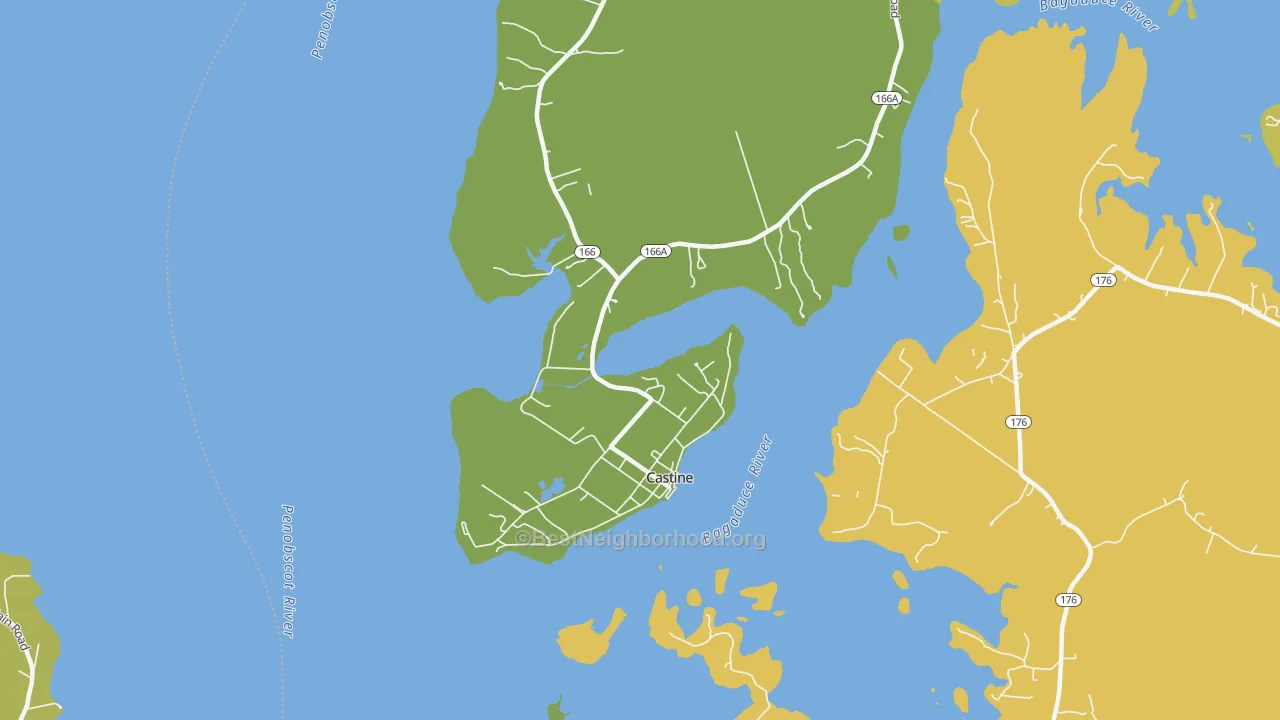 Map of the best neighborhoods in the 04421 area, with better matches in green and worse matches in red