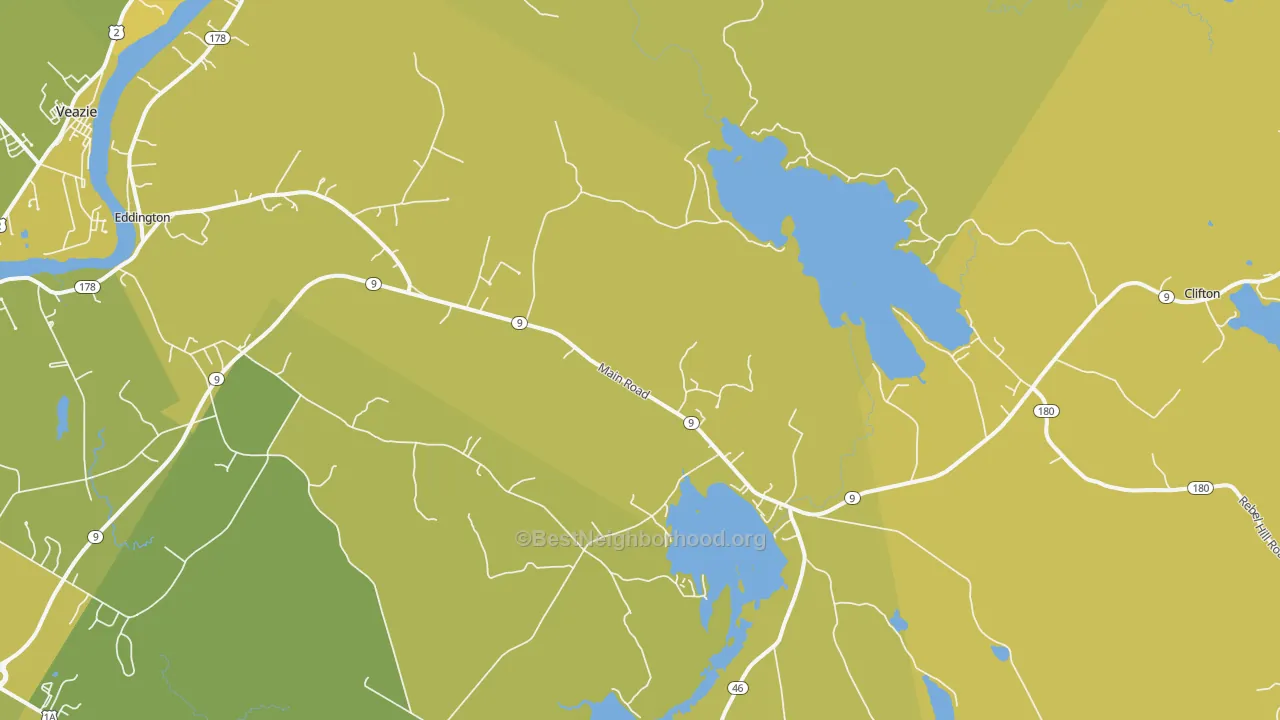 Map of the best neighborhoods in the 04428 area, with better matches in green and worse matches in red