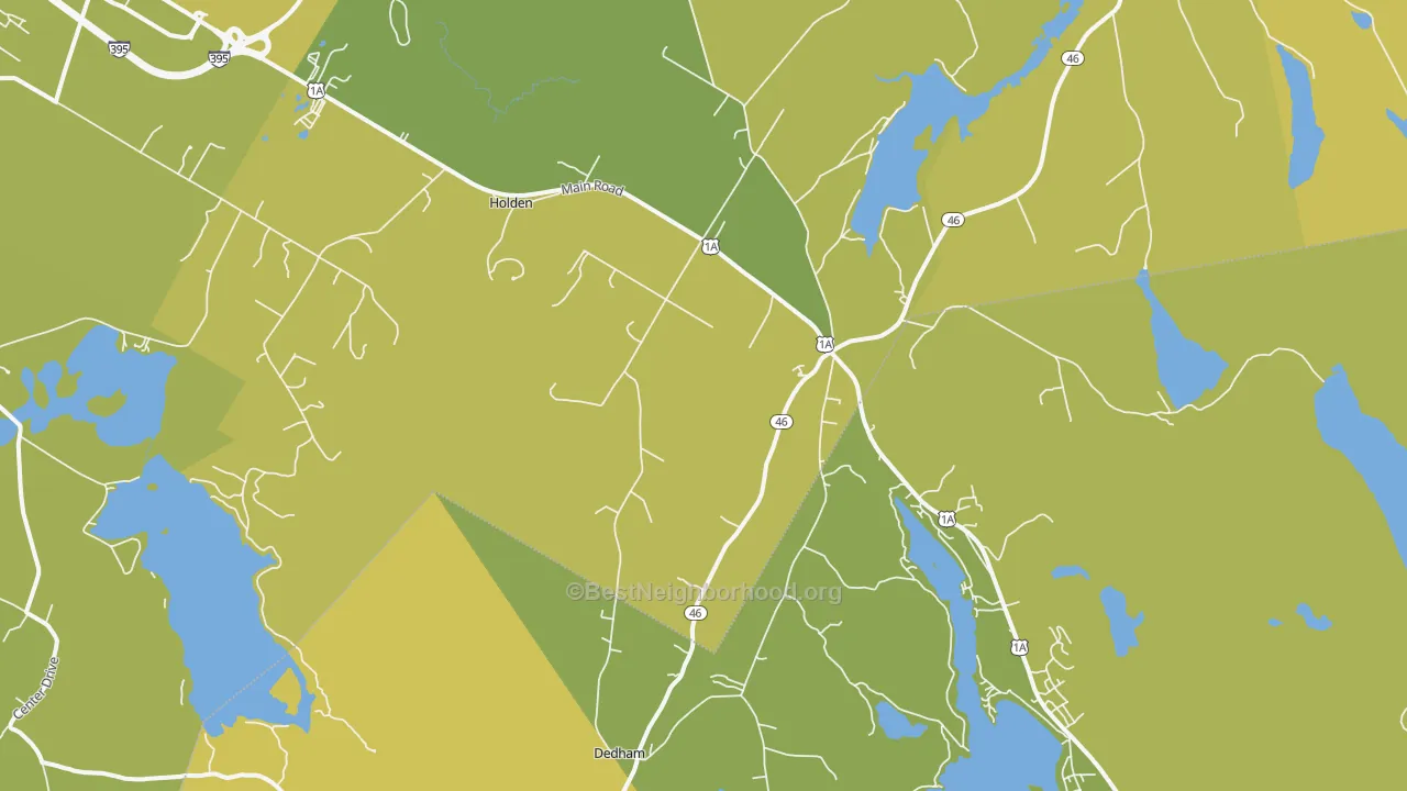 Map of the best neighborhoods in the 04429 area, with better matches in green and worse matches in red