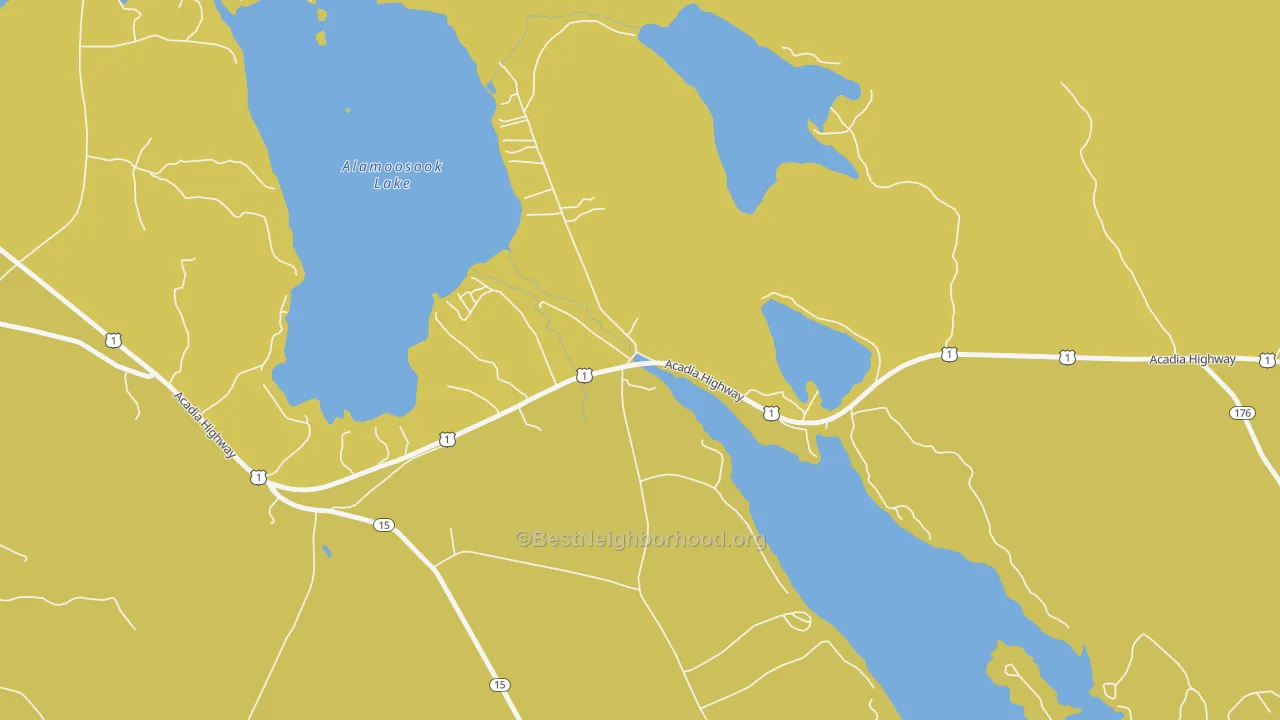 Map of the best neighborhoods in the 04431 area, with better matches in green and worse matches in red