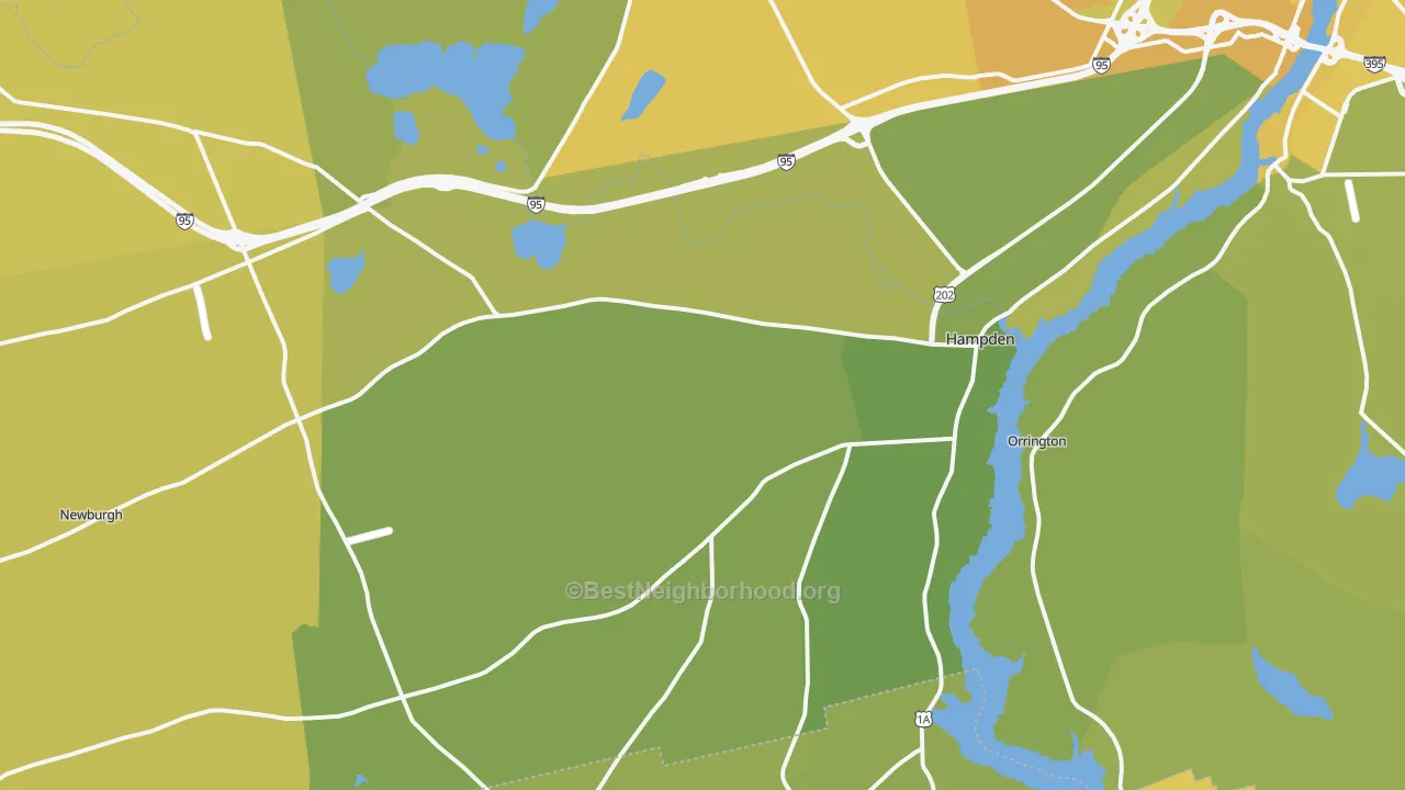 Map of the best neighborhoods in the 04444 area, with better matches in green and worse matches in red