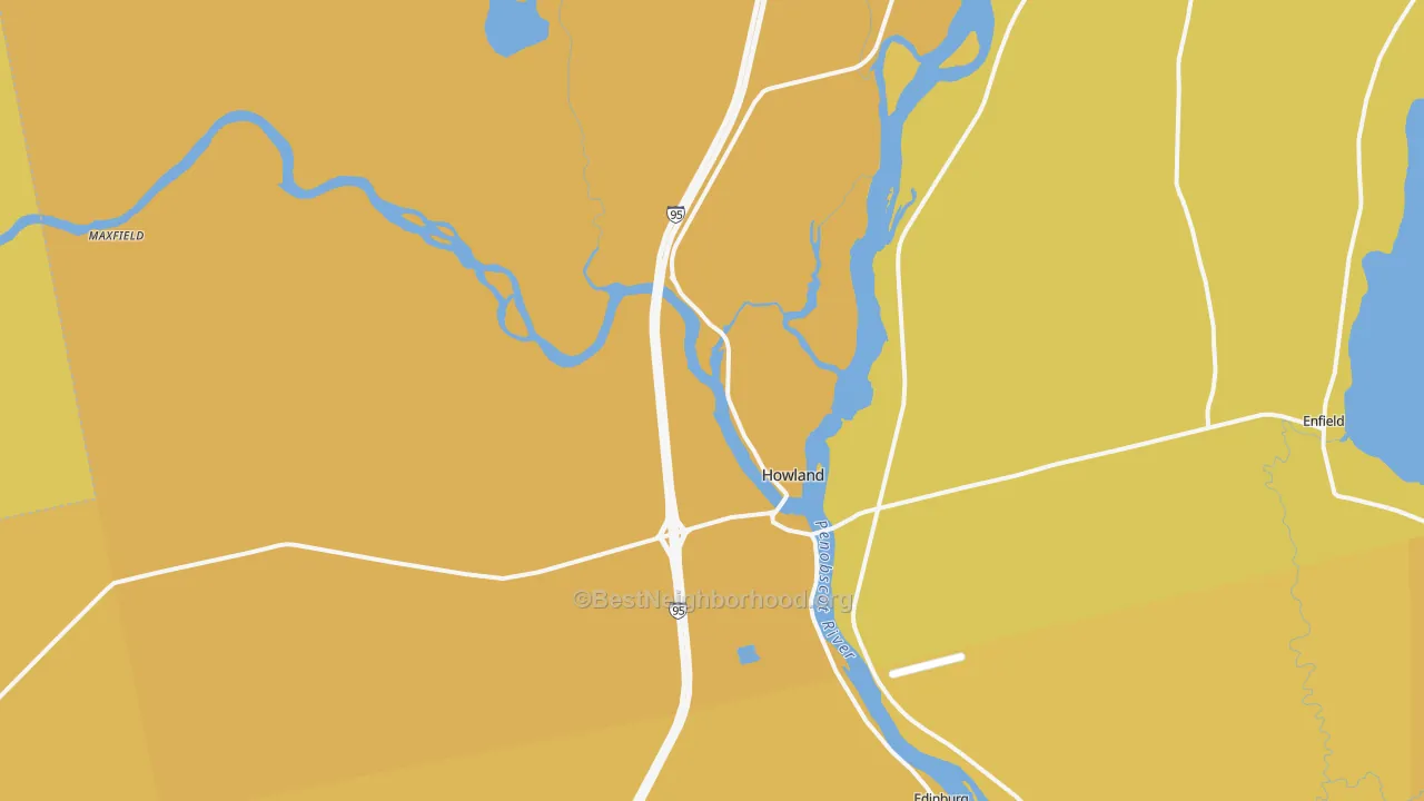 Map of the best neighborhoods in the 04448 area, with better matches in green and worse matches in red