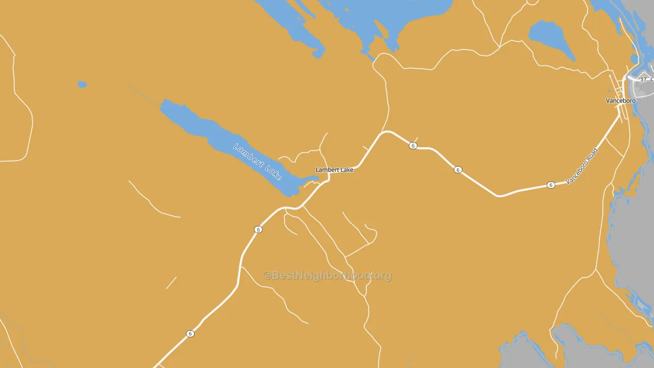Map of the best neighborhoods in the 04454 area, with better matches in green and worse matches in red