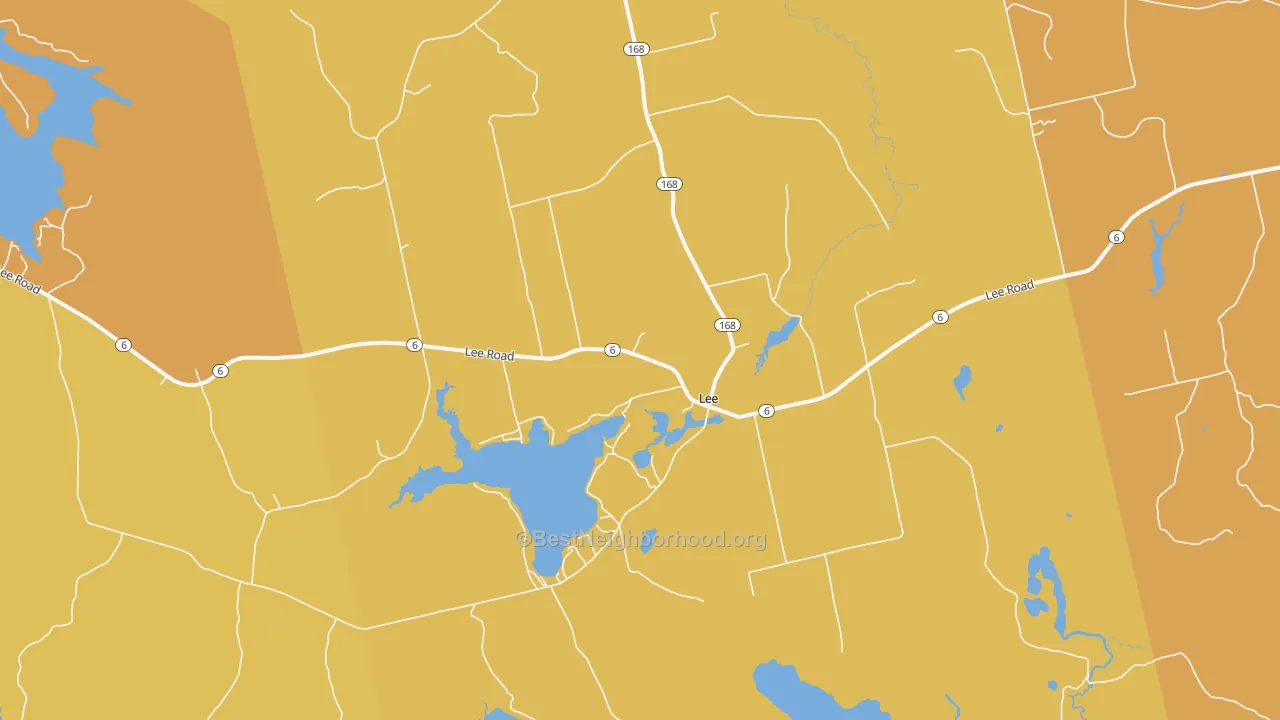 Map of the best neighborhoods in the 04455 area, with better matches in green and worse matches in red