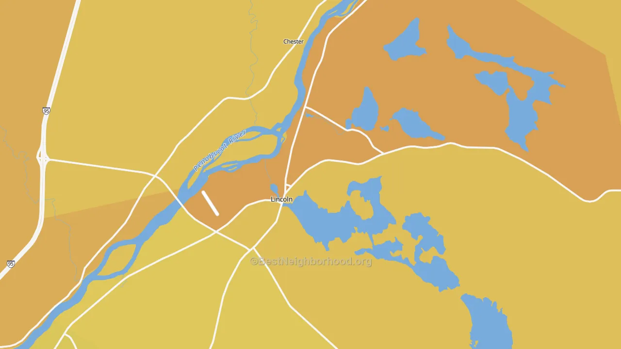 Map of the best neighborhoods in the 04457 area, with better matches in green and worse matches in red