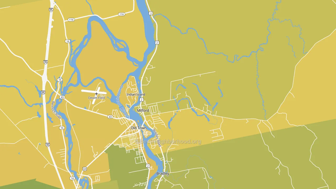 Map of the best neighborhoods in the 04461 area, with better matches in green and worse matches in red