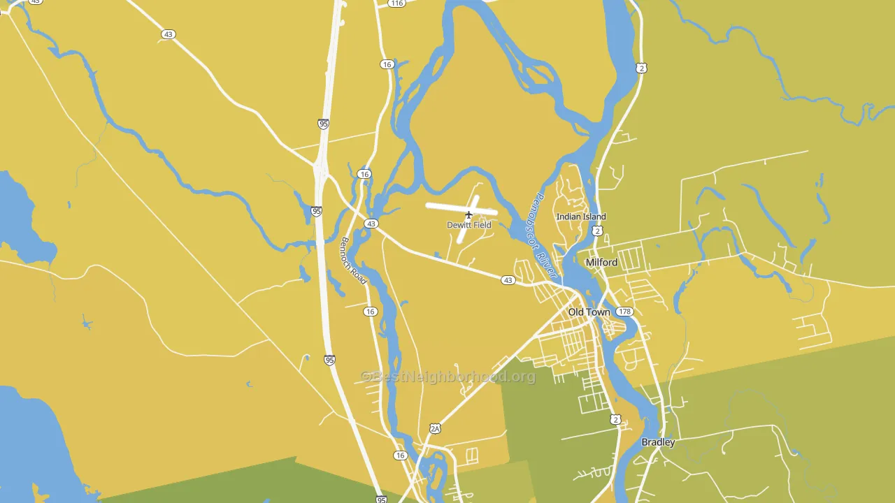 Map of the best neighborhoods in the 04468 area, with better matches in green and worse matches in red