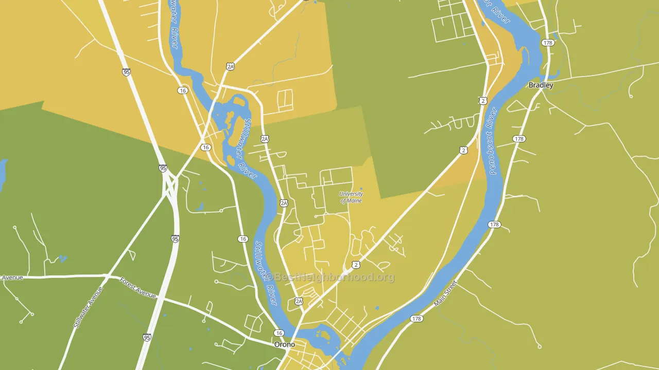 Map of the best neighborhoods in the 04469 area, with better matches in green and worse matches in red