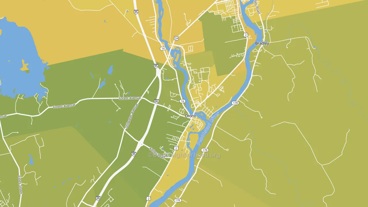 Map of the best neighborhoods in the 04473 area, with better matches in green and worse matches in red