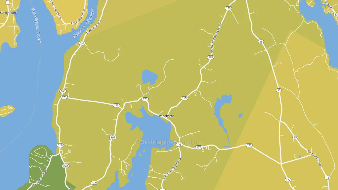 Map of the best neighborhoods in the 04476 area, with better matches in green and worse matches in red