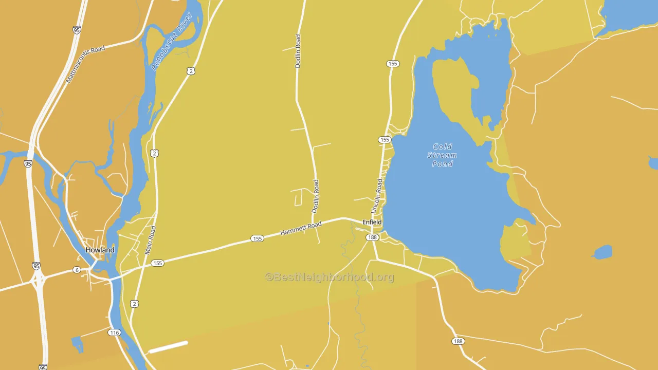 Map of the best neighborhoods in the 04493 area, with better matches in green and worse matches in red