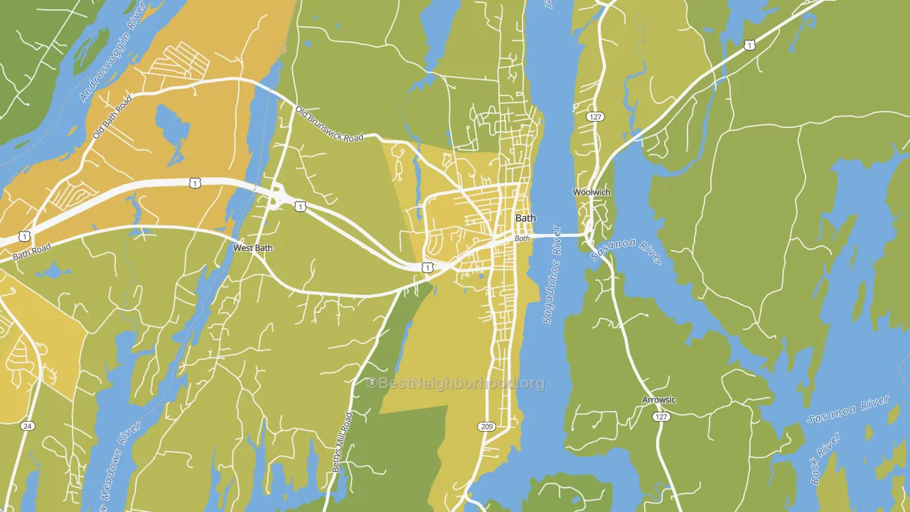 Map of the best neighborhoods in the 04530 area, with better matches in green and worse matches in red