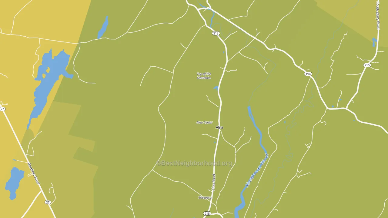 Map of the best neighborhoods in the 04535 area, with better matches in green and worse matches in red