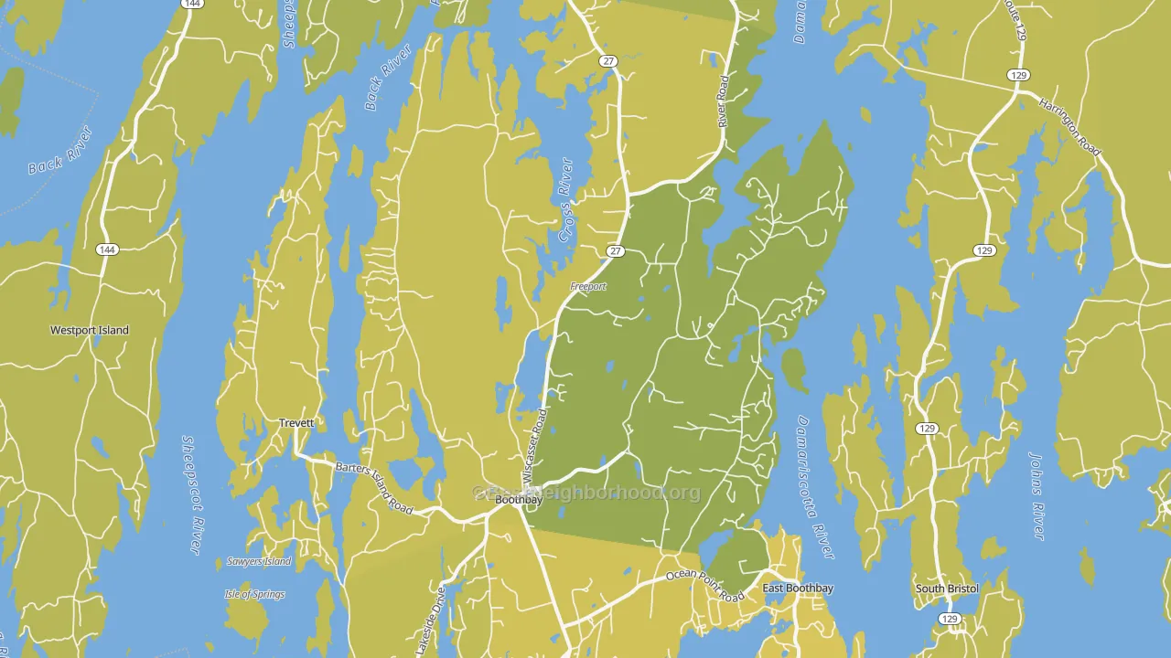 Map of the best neighborhoods in the 04537 area, with better matches in green and worse matches in red