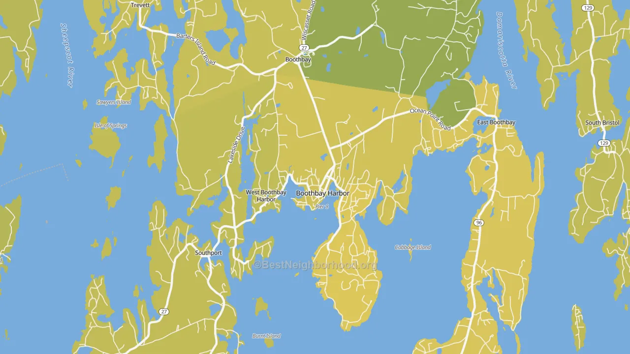 Map of the best neighborhoods in the 04538 area, with better matches in green and worse matches in red