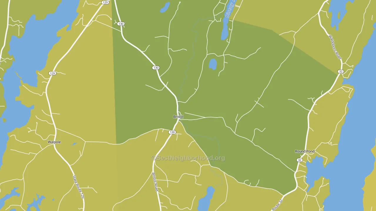 Map of the best neighborhoods in the 04539 area, with better matches in green and worse matches in red