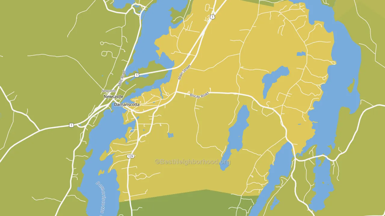 Map of the best neighborhoods in the 04543 area, with better matches in green and worse matches in red