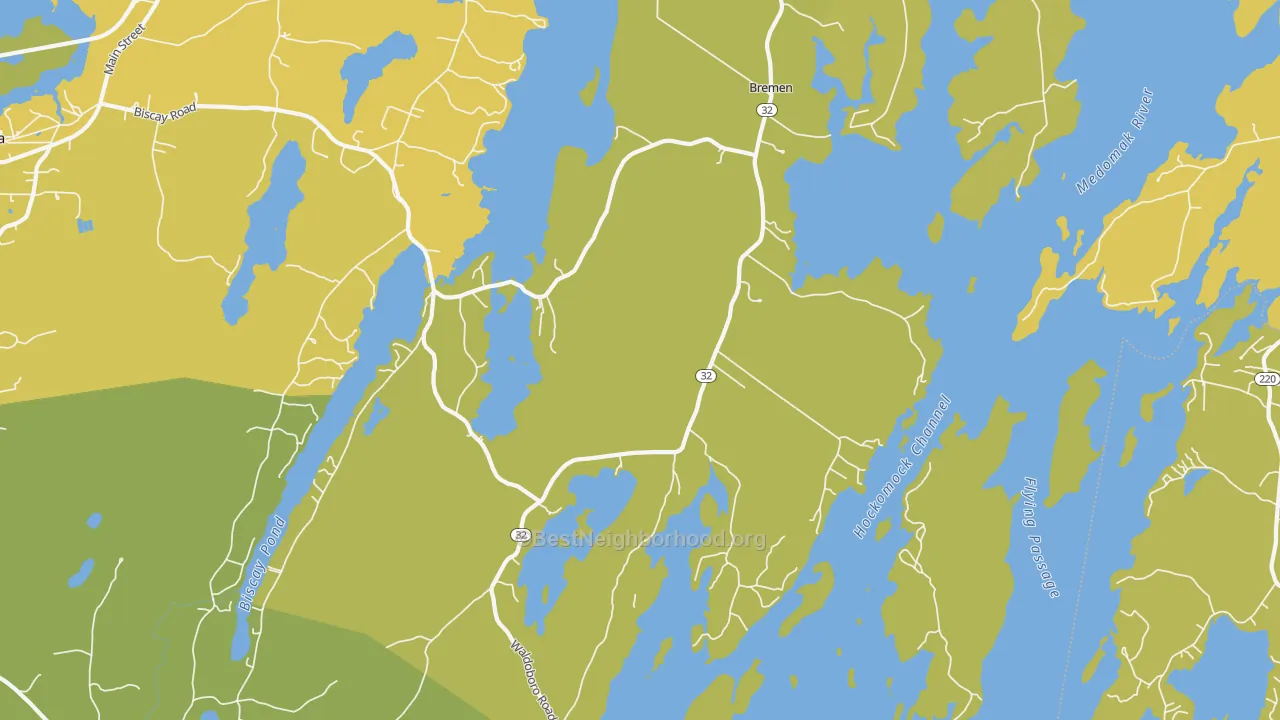 Map of the best neighborhoods in the 04551 area, with better matches in green and worse matches in red