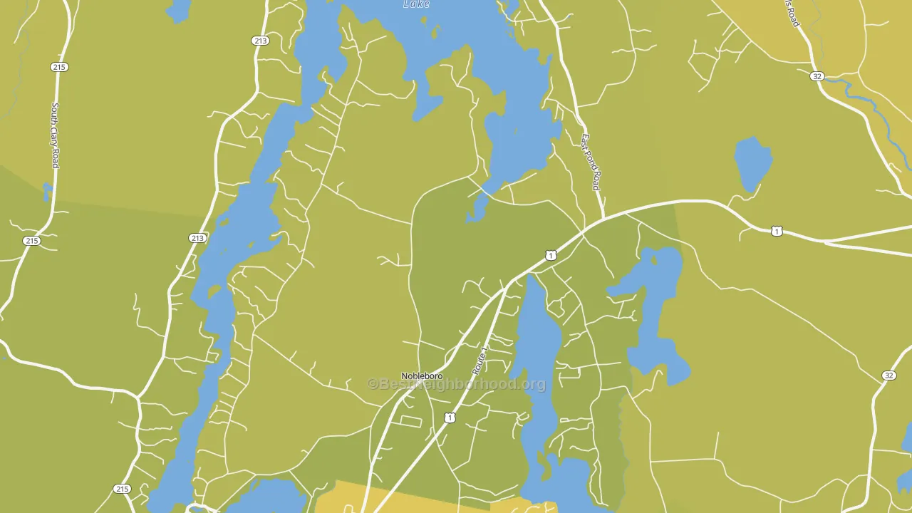 Map of the best neighborhoods in the 04555 area, with better matches in green and worse matches in red