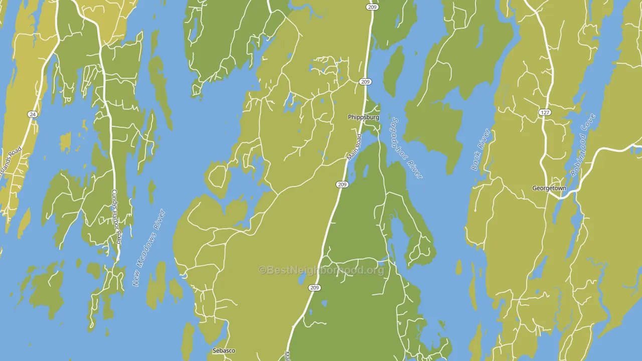 Map of the best neighborhoods in the 04562 area, with better matches in green and worse matches in red