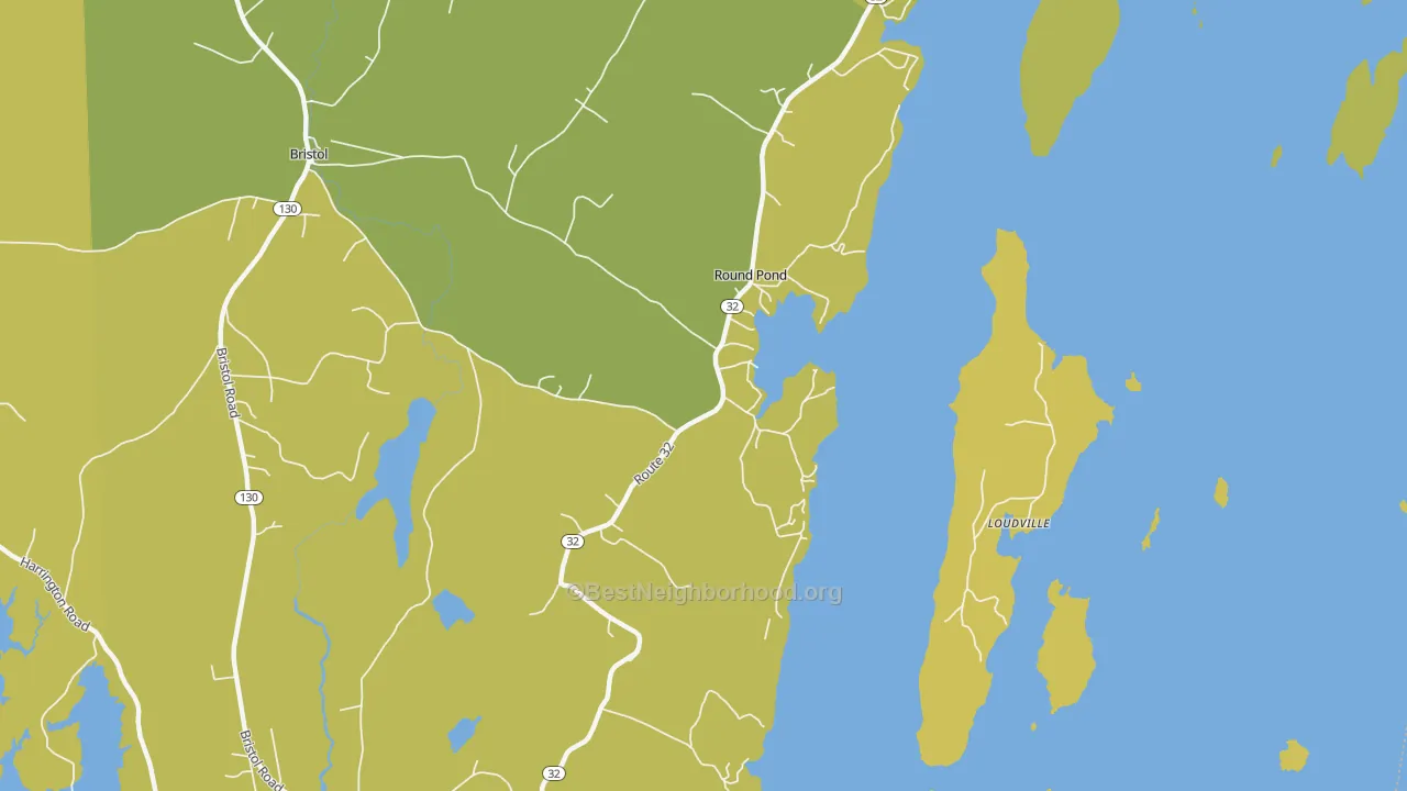 Map of the best neighborhoods in the 04564 area, with better matches in green and worse matches in red