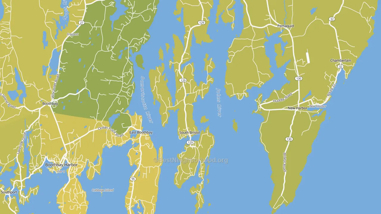 Map of the best neighborhoods in the 04568 area, with better matches in green and worse matches in red