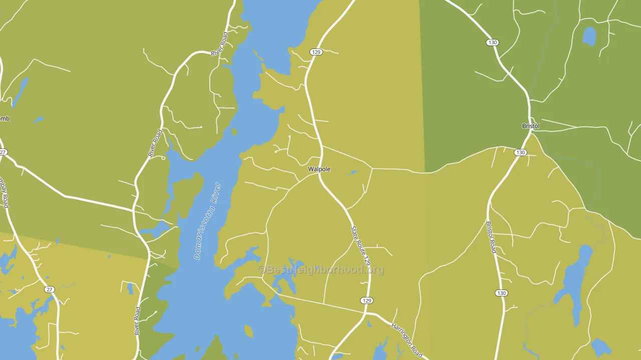 Map of the best neighborhoods in the 04573 area, with better matches in green and worse matches in red