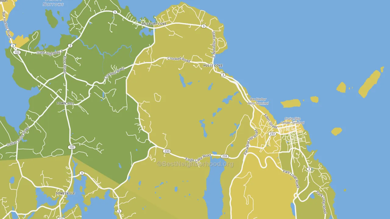 Map of the best neighborhoods in the 04609 area, with better matches in green and worse matches in red