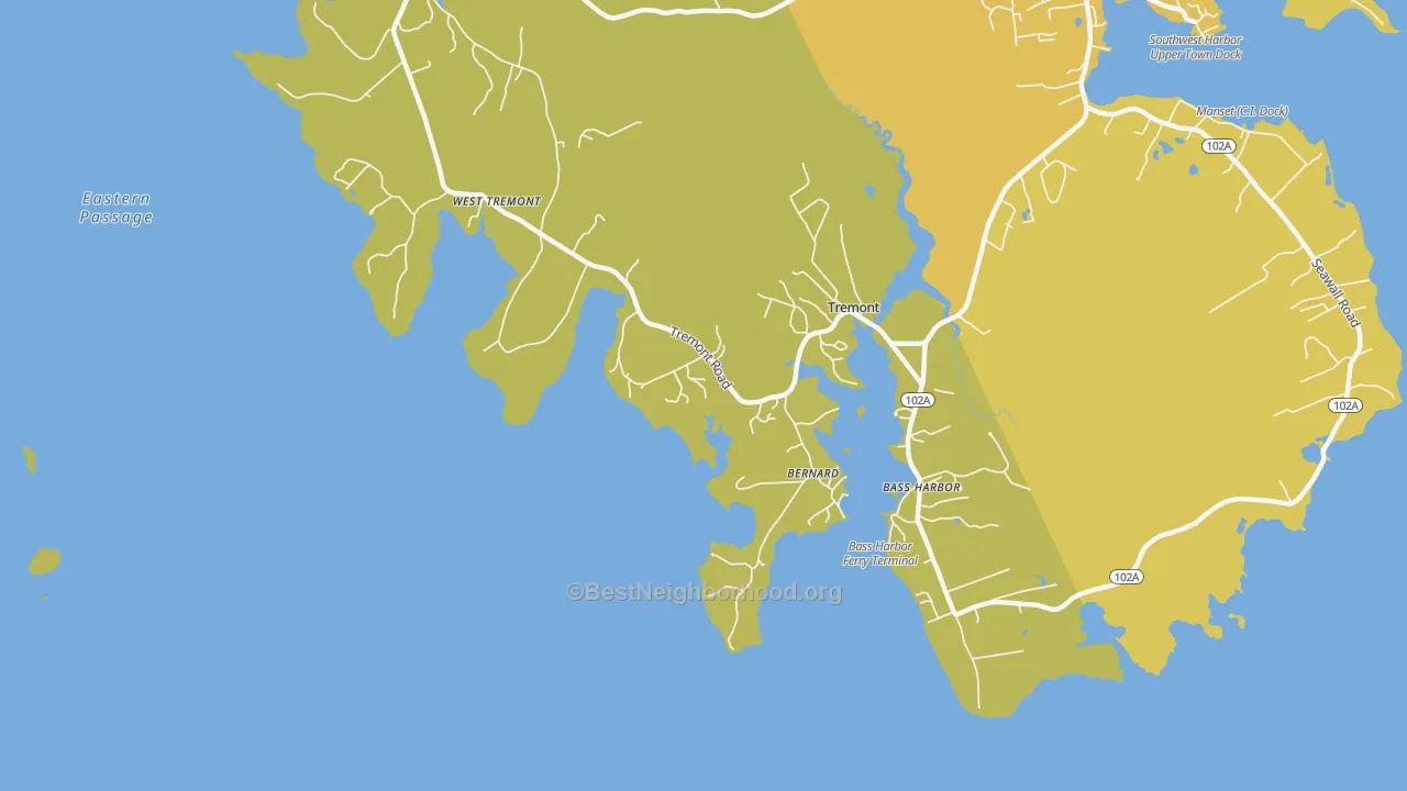 Map of the best neighborhoods in the 04612 area, with better matches in green and worse matches in red
