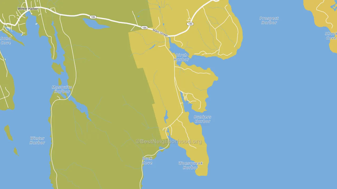 Map of the best neighborhoods in the 04613 area, with better matches in green and worse matches in red