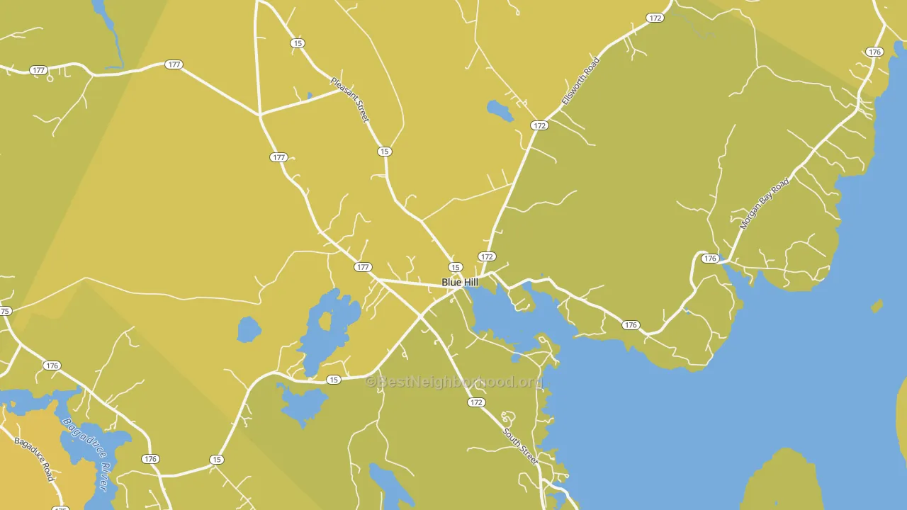 Map of the best neighborhoods in the 04614 area, with better matches in green and worse matches in red