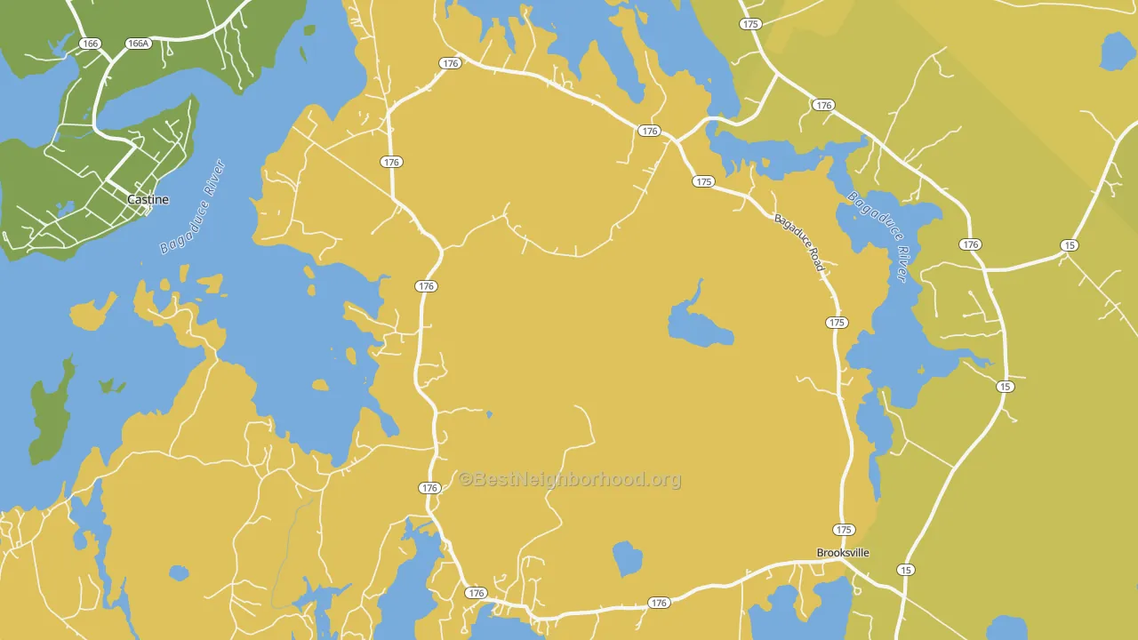 Map of the best neighborhoods in the 04617 area, with better matches in green and worse matches in red