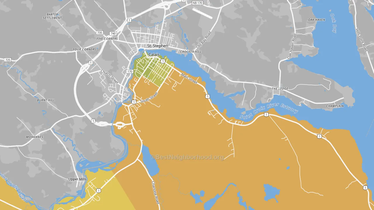 Map of the best neighborhoods in the 04619 area, with better matches in green and worse matches in red