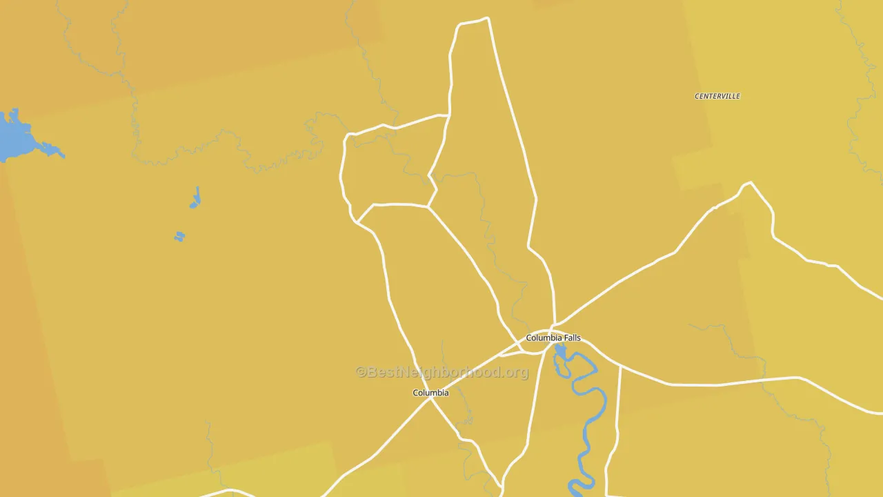 Map of the best neighborhoods in the 04623 area, with better matches in green and worse matches in red