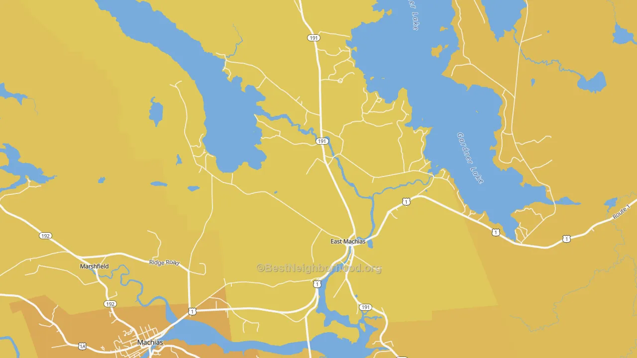 Map of the best neighborhoods in the 04630 area, with better matches in green and worse matches in red
