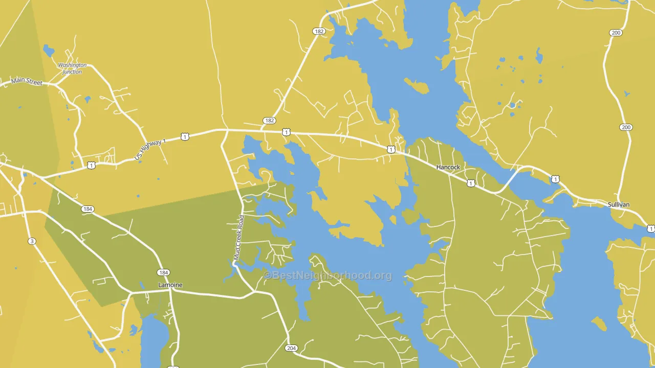 Map of the best neighborhoods in the 04640 area, with better matches in green and worse matches in red