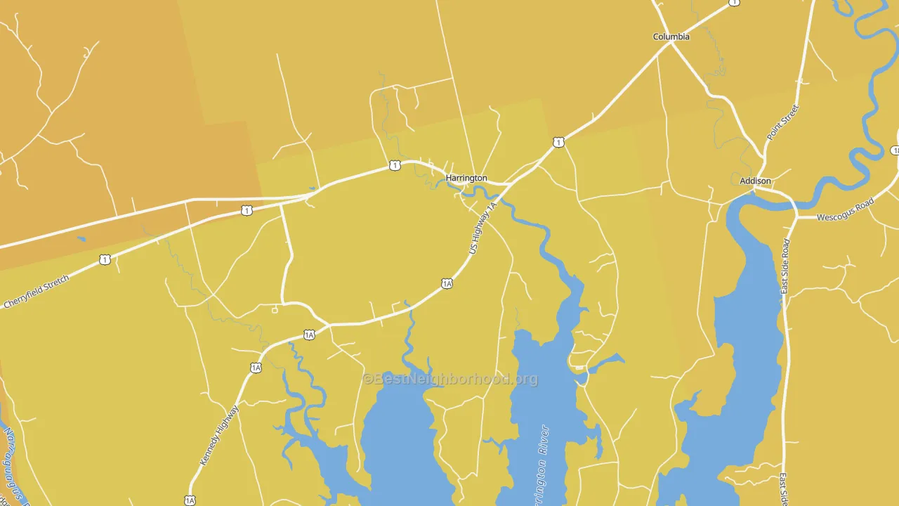 Map of the best neighborhoods in the 04643 area, with better matches in green and worse matches in red