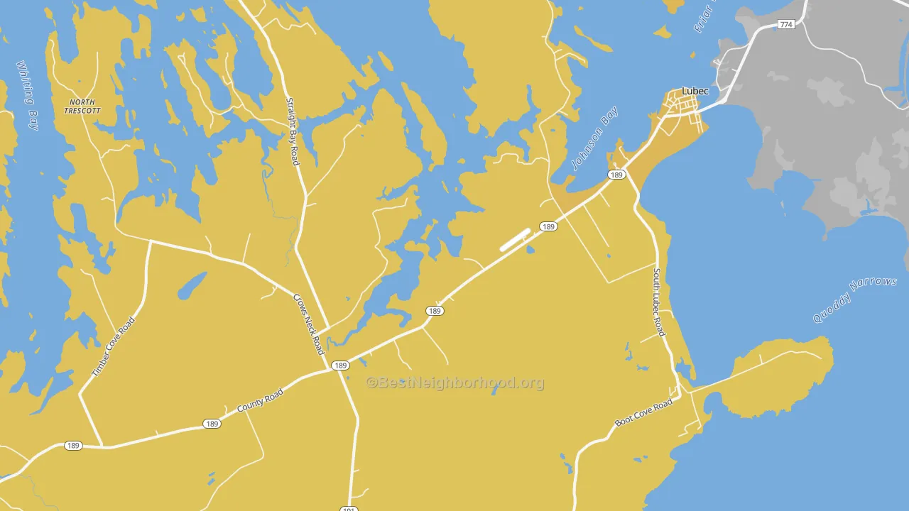 Map of the best neighborhoods in the 04652 area, with better matches in green and worse matches in red